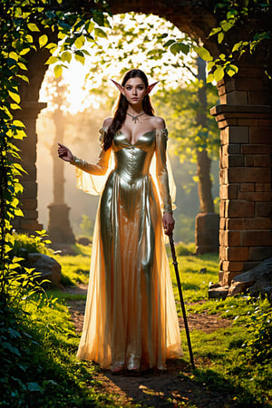 In a dappled, ancient forest ruin, an Elf Princess stands tall, her staff raised high as beams of warm sunlight filter through the trees, casting a golden halo around her regal figure. Her revealing, enchanted clothing shimmers in the soft light, while lush foliage and vines surround her, creating a lush environment. The camera captures a sharp focus on the princess's face, with the rule of thirds composition placing her at the intersection of two diagonals. Shot during the golden hour, the scene exudes an ethereal mood, inviting the viewer to step into this mystical realm., ,fantasy,better_hands,leonardo,angelawhite,Enhance