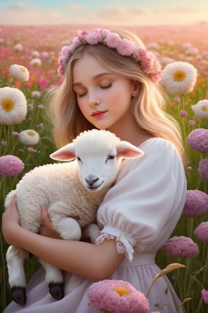 1 girl, sleep in flower field, holding cute white lamb ,Witch, detailed lamb , detailed face, 