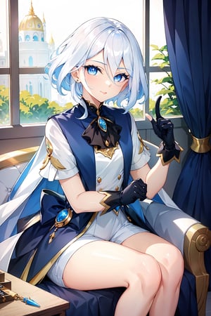 masterpiece, best quality, 1girl, short_hair_with_long_locks, white_hair, blue dress, white_shorts, short sleeves, blue eyes, black gloves, lip_stick, hairless, lighter_skin, martial clothing, looking at viewer, wink, pointing at viewer, one eye closed, legs together, Small hands, sitting