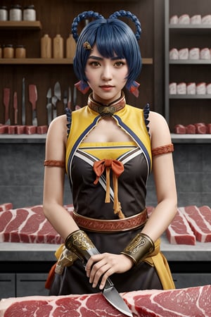 kamisatoayakadef, blue hair, holding a knife, in a (butcher shop), butcher, (best quality), ((masterpiece)), (extremely detailed CG 8k),xianglingdef