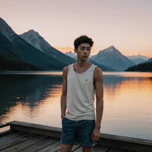 A young man stands on a weathered wooden dock extending over a still mountain lake at dusk. Dressed in cutoff denim shorts and a loose white tank top, he gazes pensively over the glassy waters with hands in his pockets. His hair glows in the golden light of the setting sun. A sense of peace and solitude pervades this high alpine scene at day's end as the sky fades into pastel hues and the loons begin their plaintive calls