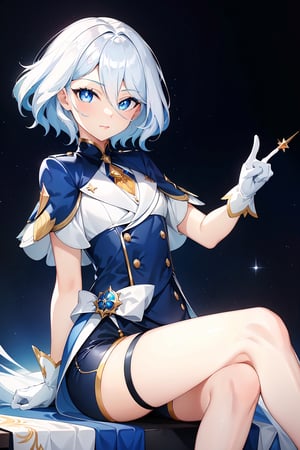 masterpiece, best quality, 1girl, short_hair_with_long_locks, white_hair, blue dress, white_shorts, short sleeves, blue eyes, black gloves, lip_stick, hairless, lighter_skin, martial clothing, looking at viewer, wink, pointing at viewer, one eye closed, legs together, Small hands, sitting