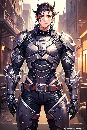 An oil painting of a 1man ,a (((fully clothed))) biomechanical __cowboy  ,cowboy boots,  (((cowboy shirt___))),masculine. (((((injuries show gleaming metal bones and teeth showing through in places ))))),((gunbelt)),colt peacemaker pistol in right hand,clean shaven,strong,confident, sole focus,square chin,  strong jawline,cowboy shot, contrapposto,masterpiece, award-winning photography, macro photography vivid colors, photorealistic, atmospheric, cinematic, moody, rule of thirds, majestic, detailed, sharp details,sharp focus, perfect anatomy, aesthetic, art by  yusuke murata and frank franzetta