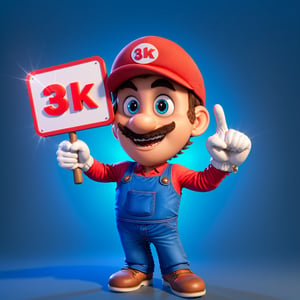 Mario holding a sign that says "3k Likes", 3d, cartoon, blank background,