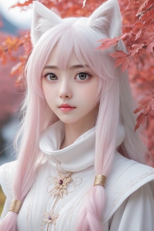 absurdres ,high res, ultimate detailed, high-resolution in elaborateness, large eyes, (pale pink eyes:1.1), drooping eyes  BREAK small breasts, white skin, large fox ears, (pure white fox ears, pure white hair:1.3), long hair BREAK (:3:1), Japan, autumn, autumn leaves,  very long hair