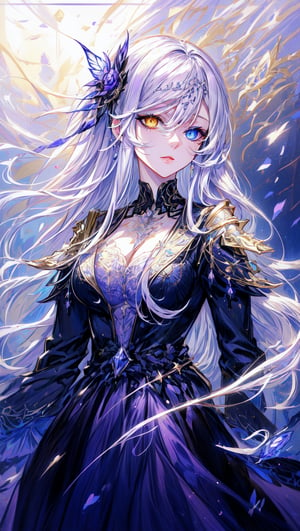 extremly beautiful girl standing amidst a battlefield, white hair,heterochromia,right golden eye and left violet eye , wearing elaborate blue battle outfi with silver and purple embroidery, detailed embroidery on the outfit detailed dress, detailed face, beautiful scenery, detailed eyes, 1 girl,  heterochromia eyes, otherworldly beauty, extreme beauty
