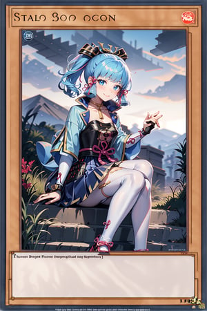 yugioh_card,KAMISATOAYAKADEF,kamisatoayakadef, full body, sitting, smile, blush, outdoors, day, simple background, blue sky, short hair, sky, temple, looking at viewer, sitting on stairs, mountain, moody lighting,