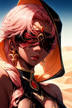 Babel, 1girl, solo, long hair, large breasts, bare shoulders, pink hair,  blindfold,desert sands,1 woman solo, desert background, dark-skinned_female, earrings hair_between_eyes jewelry blindfolded, night time, hood, high quality, best quality, 1girl, masterpiece, dark skin,,face focus , zoom, upclose , up close,close up, face focus