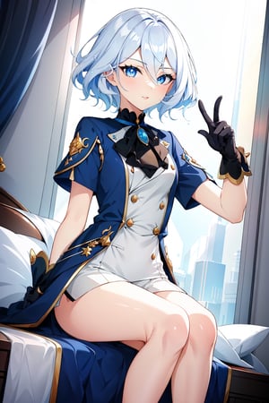 masterpiece, best quality, 1girl, short_hair_with_long_locks, white_hair, blue dress, white_shorts, short sleeves, blue eyes, black gloves, lip_stick, hairless, lighter_skin, martial clothing, looking at viewer, wink, pointing at viewer, one eye closed, legs together, Small hands, sitting