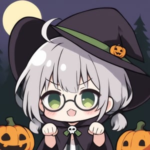 1girl, solo, (gray hair), green eyes, ahoge, (low-pigtail hairs:1.2), (black round frame glasses:1.2), (Witch hat), (Witch cloak), Witch dress, (cute pose), cobweb, (skull), pumpkin lantern, moon, blush, (In the forest at night), (eyes highlight), standing, ((upper body)), very beautiful girl, crazy smiling, slightly angry, himecut hairstyle, solo, (chibi), (Focus on face), chibi style