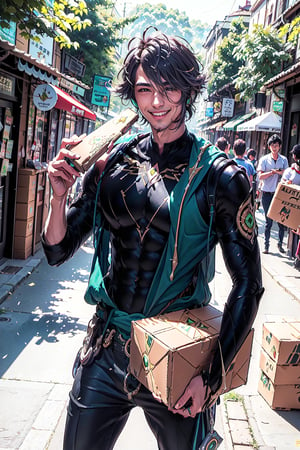 (((Genshin Impact, Alhaithampizza, box in hand))), man, short gray hair, fantasy oil painting, Deliveryman, smile, Perfect body