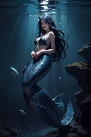 empty eyes with no pupils, siren creature; blue skin; detailed triton face; mermaid underwater, tail with fin; mermaid tail; perfect face, open neck; long dark blue hair, dark colours; deep sea, dark colours, full body; dark seaweed, underwater at night, sad scene, depressing, mysterious, scary,Mermaid, 