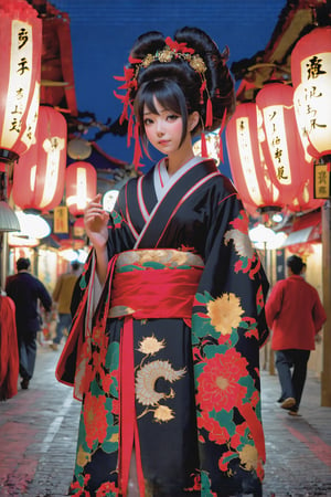 Create a highly detailed anime-style illustration of a young woman in a festive, bustling street filled with lanterns and banners. She has a delicate and serious expression, with her dark hair styled in an elaborate updo adorned with red and gold hair ornaments. She wears a traditional black and red kimono with intricate patterns of dragons and flowers, complemented by a large red obi. She is wearing a mitt on her right hand . The mitt should be intricately designed with detailed patterns, blending elements of traditional Japanese art and modern abstract motifs. Use a color palette that includes dark, muted tones with subtle highlights to emphasize the texture and detail of the mitt. The background shows a vibrant street festival with blurred figures and warm, glowing lights creating a lively and enchanting atmosphere.,J ONI,ELIGHT