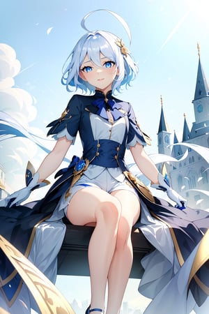 masterpiece, best quality, 1girl, short_hair_with_long_locks, white_hair, blue dress, white_shorts, short sleeves, blue eyes, black gloves, lip_stick, hairless, lighter_skin, martial clothing, looking at viewer, wink, pointing at viewer, one eye closed, legs together, Small hands, sitting, masterpiece of Digital art, very detailed and coherent, intricate, soft focus, dramatic shadows, basic_backgroud, light_particles, comprehensive cinematic, magical fotography, simple_background, white_background, two_arms, ahoge, city_background, ahoge, focus face, 2 legs,	 SILHOUETTE LIGHT PARTICLES
