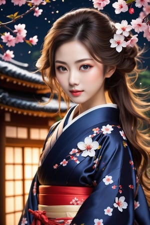 (Masterpiece) (Solo Girl) {Wearing Japanese Kimono} (Beautiful face) {Beautiful eyes}(Sparkling Eyes) {Light Skin} { Tall Grapich} (Hair Blowing in the Wind) {Fireflies surround} {Cherry Tree Tree Background at Night} {Japanese Masterpiece} 