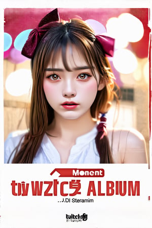 a young woman,looking at the camera, posing,ulzzang, streaming on twitch, character album cover,red moment,style of bokeh,daily wear,moody lighting,appropriate comparison of cold and warm, hair over one eye, bow on head,