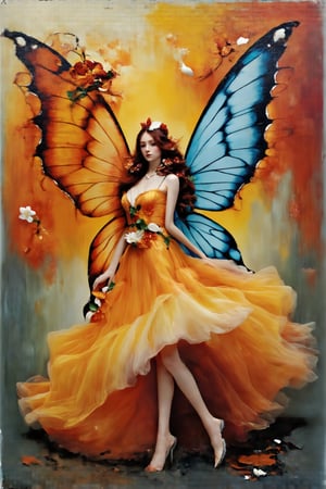 A beautiful, realistic fairy partially merged with an abstract painting. The fairy has delicate, translucent wings, flowing hair, and intricate details on her dress, which are rendered in a highly realistic style. Parts of the fairy are lost within the abstract elements of the painting, blending seamlessly with bold, dramatic brushstrokes and vibrant colors. The abstract painting uses a dynamic mix of Burnt Sienna, Cadmium Yellow, Ultramarine Blue, and Sap Green, with touches of white and black. The contrast between the hyper-realistic fairy and the abstract background creates a mesmerizing and surreal composition.