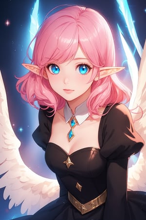 illuminated, hight quality, ultra detailed, shade, bright, lady, blue eyes, pink hair, black dress, magical pink place, magical effects, elf, angel wings