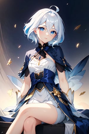 masterpiece, best quality, 1girl, short_hair_with_long_locks, white_hair, blue dress, white_shorts, short sleeves, blue eyes, black gloves, lip_stick, hairless, lighter_skin, martial clothing, looking at viewer, wink, pointing at viewer, one eye closed, legs together, Small hands, sitting, masterpiece of Digital art, very detailed and coherent, intricate, soft focus, dramatic shadows, basic_backgroud, light_particles, comprehensive cinematic, magical fotography, simple_background, white_background, two_arms, ahoge, city_background, ahoge, focus face, 2 legs,	 SILHOUETTE LIGHT PARTICLES