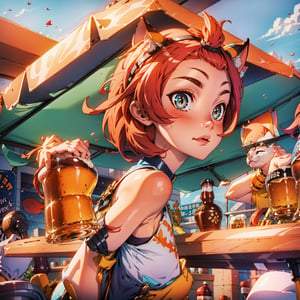 dionadef, dionarnd, cat Girl, beer, girl holding beer, graceful figure, crowd, beer festival, high-definition image quality, best portrait, SFW.