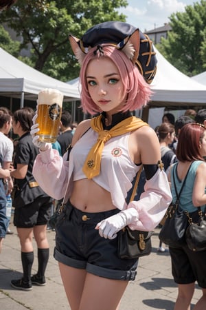 1 Girl, beer, girl holding beer, graceful figure, crowd, beer festival, high-definition image quality, best portrait, SFW., masterpiece, best quality, outdoors,1girl, animal ears, solo, diona (genshin impact), cat ears, pink hair, tail, navel, cat tail, animal ear fluff, hat, shorts,green eyes, cat girl, gloves, white gloves,  detached sleeves,(kbxll:0.8)