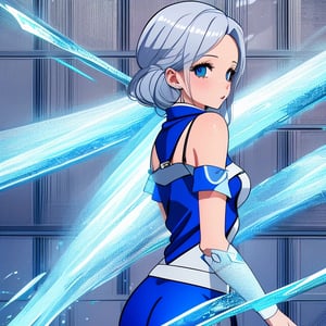 2.5D drawing, sexy 18 year old girl wearing ice magic clothing, icy silver hair, icy cobolt blue clothes, freezing