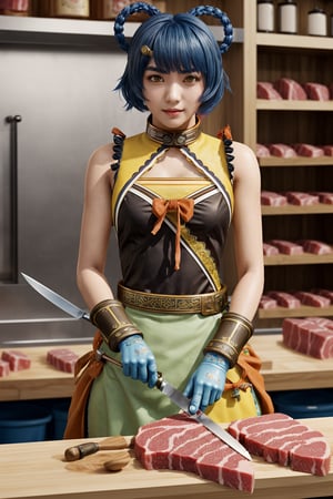 kamisatoayakadef, blue hair, holding a knife, in a (butcher shop), butcher, (best quality), ((masterpiece)), (extremely detailed CG 8k),xianglingdef