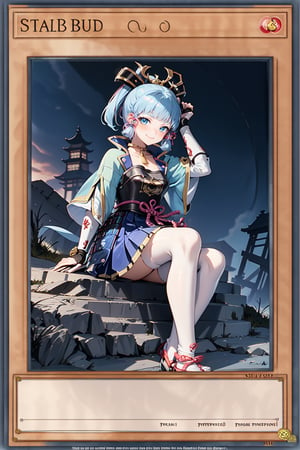 yugioh_card,KAMISATOAYAKADEF,kamisatoayakadef, full body, sitting, smile, blush, outdoors, day, simple background, blue sky, short hair, sky, temple, looking at viewer, sitting on stairs, mountain, moody lighting,