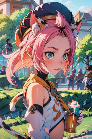 1 Girl, beer, girl holding beer, graceful figure, crowd, beer festival, high-definition image quality, best portrait, SFW., masterpiece, best quality, outdoors,1girl, animal ears, solo, diona (genshin impact), cat ears, pink hair, tail, navel, cat tail, animal ear fluff, hat, shorts,green eyes, cat girl, gloves, white gloves,  detached sleeves,(kbxll:0.8)