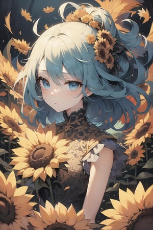 masterpiece, best quality, 1girl, sunflowers, flat color, lineart, abstract, ornate, dark theme, colorful_hair, aqua_eyes, beauty_eyes