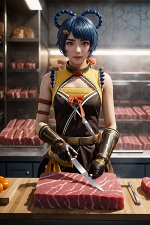 kamisatoayakadef, blue hair, holding a knife, in a (butcher shop), butcher, (best quality), ((masterpiece)), (extremely detailed CG 8k),xianglingdef