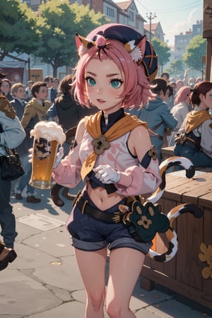 1 Girl, beer, girl holding beer, graceful figure, crowd, beer festival, high-definition image quality, best portrait, SFW., masterpiece, best quality, outdoors,1girl, animal ears, solo, diona (genshin impact), cat ears, pink hair, tail, navel, cat tail, animal ear fluff, hat, shorts,green eyes, cat girl, gloves, white gloves,  detached sleeves,(kbxll:0.8)