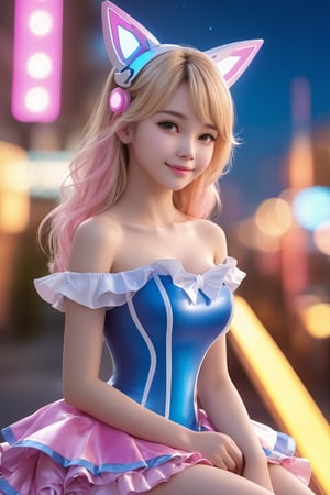  1girl, young girl, solo, chii, blue dress, frills, bare shoulders, blonde hair, long hair, brown eyes, smile, pink and white robot ears, pink and white hair tubes, upper body, perfect face, beautiful skin, detailed skin, bokeh, HDR, (cinematic lighting), ambient occlusion, 1girl, looking at viewer, sitting, night city background, night sky, stars, cloud, shooting star, (colorful), solo, ((masterpiece)), (best quality:1.2),(very fine 8K CG wallpaper1.2),colorful,(ultra-detailed:1.2),(illustration:1.2),(Cinematic Lighting), 