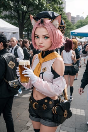 1 Girl, beer, girl holding beer, graceful figure, crowd, beer festival, high-definition image quality, best portrait, SFW., masterpiece, best quality, outdoors,1girl, animal ears, solo, diona (genshin impact), cat ears, pink hair, tail, navel, cat tail, animal ear fluff, hat, shorts,green eyes, cat girl, gloves, white gloves,  detached sleeves,(kbxll:0.8)