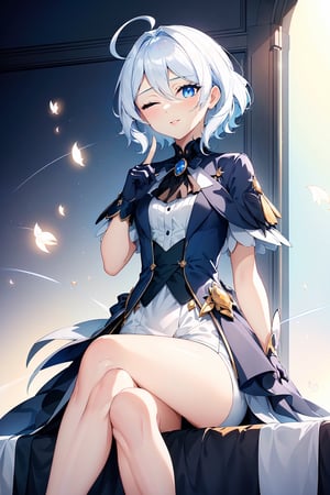 masterpiece, best quality, 1girl, short_hair_with_long_locks, white_hair, blue dress, white_shorts, short sleeves, blue eyes, black gloves, lip_stick, hairless, lighter_skin, martial clothing, looking at viewer, wink, pointing at viewer, one eye closed, legs together, Small hands, sitting, masterpiece of Digital art, very detailed and coherent, intricate, soft focus, dramatic shadows, basic_backgroud, light_particles, comprehensive cinematic, magical fotography, simple_background, white_background, two_arms, ahoge, city_background, ahoge, focus face, 2 legs,	 SILHOUETTE LIGHT PARTICLES