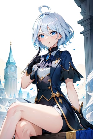 masterpiece, best quality, 1girl, short_hair_with_long_locks, white_hair, blue dress, white_shorts, short sleeves, blue eyes, black gloves, lip_stick, hairless, lighter_skin, martial clothing, looking at viewer, wink, pointing at viewer, one eye closed, legs together, Small hands, sitting, masterpiece of Digital art, very detailed and coherent, intricate, soft focus, dramatic shadows, basic_backgroud, light_particles, comprehensive cinematic, magical fotography, simple_background, white_background, two_arms, ahoge, city_background, ahoge, focus face, 2 legs,	 SILHOUETTE LIGHT PARTICLES