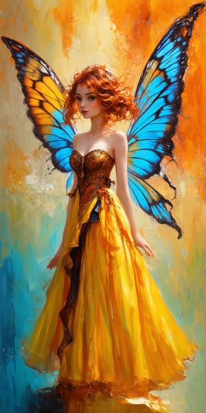 "A beautiful, realistic fairy partially merged with an abstract painting. The fairy has delicate, translucent wings, flowing hair, and intricate details on her dress, which are rendered in a highly realistic style. Parts of the fairy are lost within the abstract elements of the painting, blending seamlessly with bold, dramatic brushstrokes and vibrant colors. The abstract painting uses a dynamic mix of Burnt Sienna, Cadmium Yellow, Ultramarine Blue, and Sap Green, with touches of white and black. The contrast between the hyper-realistic fairy and the abstract background creates a mesmerizing and surreal composition."
