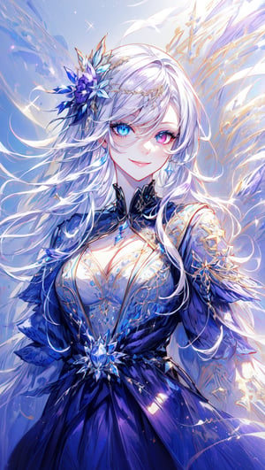 smile, extremly beautiful girl standing amidst a battlefield, white hair,heterochromia, wearing elaborate blue battle outfi with silver and purple embroidery, detailed embroidery on the outfit detailed dress, detailed face, beautiful scenery, detailed eyes, 1 girl,  heterochromia eyes, otherworldly beauty, extreme beauty
