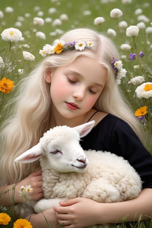 1 girl, sleep in flower field, holding cute white lamb ,Witch, detailed lamb , detailed face, 