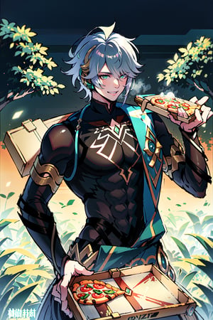 (((Genshin Impact, Alhaitham, pizza box in hand))), man, short gray hair, fantasy oil painting, Deliveryman, smile, Perfect body