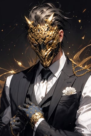 Henshin, solo, looking_at_viewer, shirt, gloves, long_sleeves, 1boy, jacket, white_shirt, upper_body, flower, male_focus, necktie, black_gloves, collared_shirt, vest, black_jacket, mask, rose, chain, formal, ring, suit, facing_viewer, black_necktie, black_vest, straight-on, gold, black_suit, ultra realistic,32k,RAW photo,(high detailed skin:1.2), 8k uhd, dslr, soft lighting, high quality, film grain