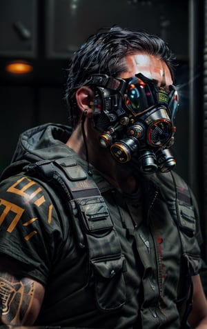 cyborg man, 35 year old man, up close photograph of a man, worn a gas mask, beard, mechanical parts, black shirt, unbottoned, detail face, showing eye, muscle shap, black latex, gun in hand, natural hands, perfect hands, red eyes, black hair, lab background, smoke, cyberpunk tech, 8k, uhd, colorful,perfecteyes, DSLR, ISO 800, shutter speed 1/ 200, focal length 50mm, shallow depth of field,cyberhelmet
