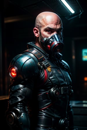 35 year old man, photograph of a man, worn a half gas mask, beard, mechanical parts, black shirt, unbottoned, detail face, showing eyes, muscle shap, black latex, worn gloves, gloves, perfect hands, red eyes, bald head, shaven head, lab background, blue smoke, cyberpunk tech, cinematic, masterpiece, 8k, uhd, colorful,perfect eyes, super realistic, DSLR, ISO 800, shutter speed 1/200, focal length 35mm, shallow depth of field,mecha