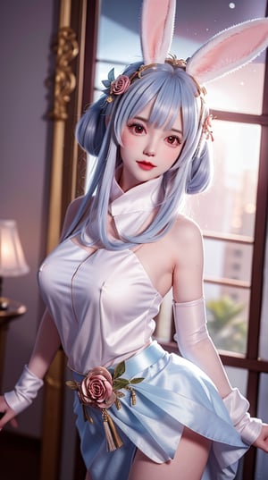 mature female, arms behind back, cityscape,night,facial mark,close-up, indoors,window, 1girl,blush,skirt,looking at viewer,（nsfw, no cloth, no bra. No panties, ）standing,hair ornament, hair flower, flower, rose,long hair,light blue hair,bangs, rabbit ears,  ,