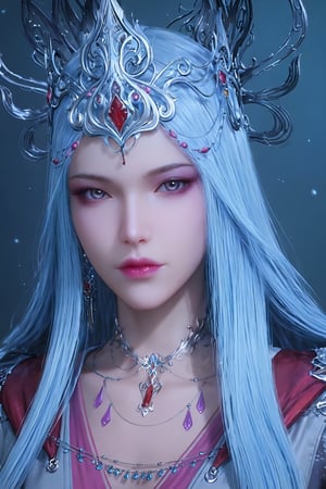 score_9,score_8_up,score_7_up,realistic skin:1.35,Volumetric light,
(masterpiece, best quality:1.4),finely detailed,1girl, solo, long hair, looking at viewer, jewelry, blue hair, upper body, necklace, lips, grey eyes, makeup, crown, lipstick,BSX