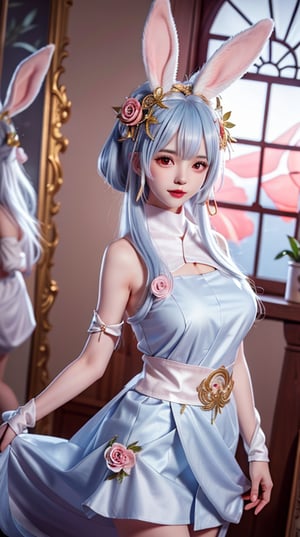 mature female, arms behind back, cityscape,night,facial mark,close-up, indoors,window, 1girl,blush,skirt,looking at viewer,（nsfw, no cloth, no bra. No panties, ）standing,hair ornament, hair flower, flower, rose,long hair,light blue hair,bangs, rabbit ears,  ,