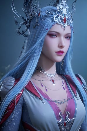 score_9,score_8_up,score_7_up,realistic skin:1.35,Volumetric light,
(masterpiece, best quality:1.4),finely detailed,1girl, solo, long hair, looking at viewer, jewelry, blue hair, upper body, necklace, lips, grey eyes, makeup, crown, lipstick,dress ,BSX