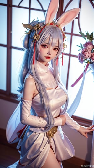 mature female, arms behind back, cityscape,night,facial mark,close-up, indoors,window, 1girl,blush,skirt,looking at viewer,（nsfw, no cloth, no bra. No panties, ）standing,hair ornament, hair flower, flower, rose,long hair,light blue hair,bangs, rabbit ears,  ,