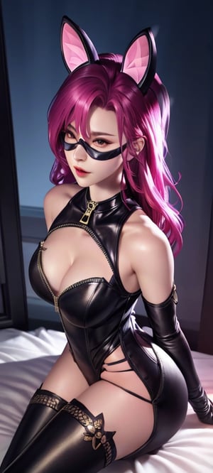 fake animal ears,bodysuit,zipper,eye mask,bare shoulders,looking at viewer,arms behind back,on bed,bedroom,sitting,on back,,mature female, thigh boots, (from below:1.0),