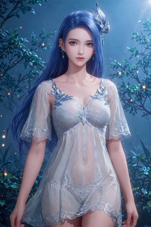 score_9,score_8_up,score_7_up  ,AY ,1girl, solo, long hair, looking at viewer, blue eyes, hair ornament, (white nightgown)/( see_through:1.2) , jewelry, closed mouth, blue hair, earrings, Cowboy lens